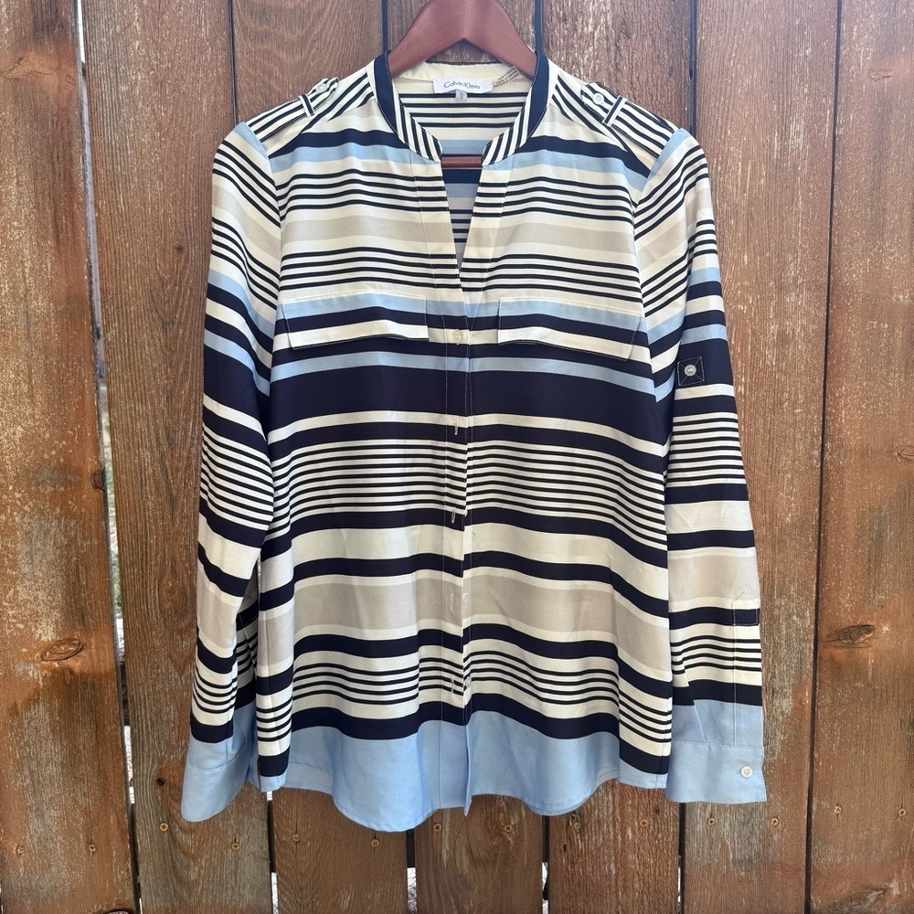 CALVIN KLEIN Women’s Navy Cream Striped Crew Neck Long Sleeve Shirt Size Small